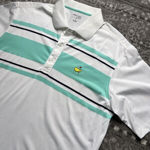 Masters Tech Polo Shirt Mens Large White Green Striped Office Golf Performance